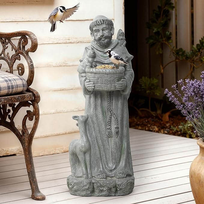 LuxenHome Outdoor St. Francis Statues, 27.6" Saint Francis of Assisi MgO Garden Statue with Animal & Birdbath Bowl, Religious Statues for Patio Yard Home Decor, Outdoor Garden Sculptures