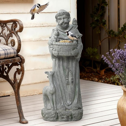LuxenHome Outdoor St. Francis Statues, 27.6" Saint Francis of Assisi MgO Garden Statue with Animal & Birdbath Bowl, Religious Statues for Patio Yard Home Decor, Outdoor Garden Sculptures