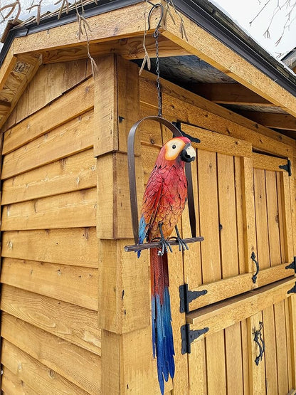 Hanging Whimsical Rustic Metal Swinging Macaw Parrot Tropical Bird On Chain Yard Garden Art, 10.75'' x 37''