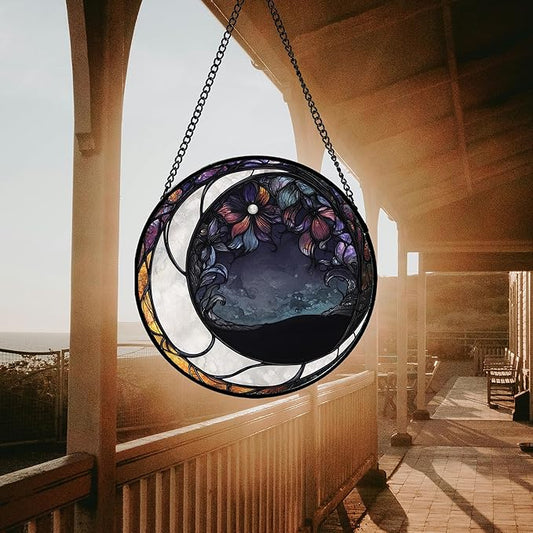 Stained Glass Window Hanging - Black and White Moon Sun Catcher for Door Terrace Garden Home Decor, Abstract Plant Flower Suncatcher Birthday Gifts for Lovers Women Men Dad Mom Nana 9.8 in
