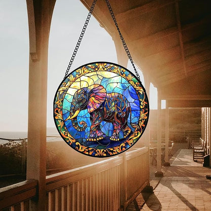 Stained Glass Window Hanging - Blue Elephant Suncatcher for Door Terrace Garden Home Decor, Yellow Retro Sun Catcher Birthday Gifts for Lovers Women Men Dad Mom Nana 7.8 in