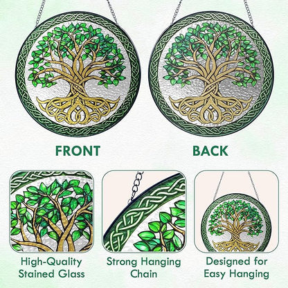 FLAGWIX Tree of Life Gifts for Women Men - Stained Glass Window Hanging 10 in - Birthday Gifts for Mom Grandma, Tree of Life Decorations Indoor, Celtic Suncatchers Garden Decor