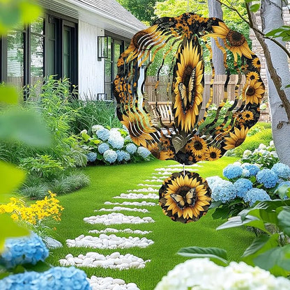 Wind Spinner Hanging Outdoor Decor, 12 Inch 3D Sunflower Butterfly Metal Kinetic Wind Spinners for Garden Yard Patio, Stainless Steel Laser Cut Art Gifts for Women Mother's Day Outdoor Decorations