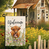 Welcome Spring Highland Cow Garden Flag Highland Cow with Flowers Burlap Yard Flag Seasonal Summer Bull Butterfly House Banner for Farmhouse Rustic Holiday Outdoor Decor 12x18 Inch