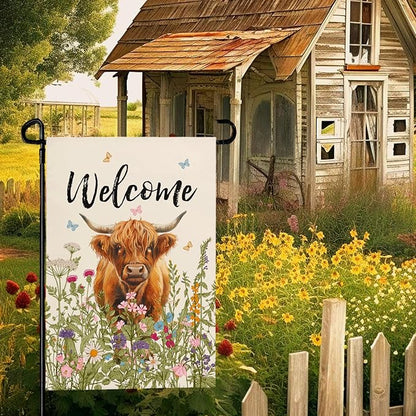 Welcome Spring Highland Cow Garden Flag Highland Cow with Flowers Burlap Yard Flag Seasonal Summer Bull Butterfly House Banner for Farmhouse Rustic Holiday Outdoor Decor 12x18 Inch