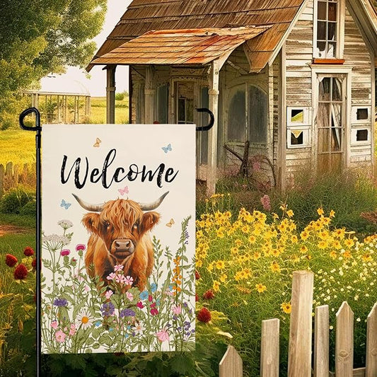 Welcome Spring Highland Cow Garden Flag Highland Cow with Flowers Burlap Yard Flag Seasonal Summer Bull Butterfly House Banner for Farmhouse Rustic Holiday Outdoor Decor 12x18 Inch