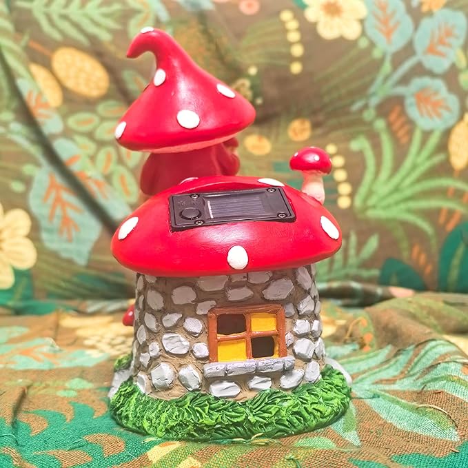 Solar Mushroom Gnomes Houses Figurine Lights, 8" Height Fairy Garden House LED Ornaments for Outside, Lighting Statue for Yard Patio Lawn Porch, Gardening Gifts for Women Mom Grandma