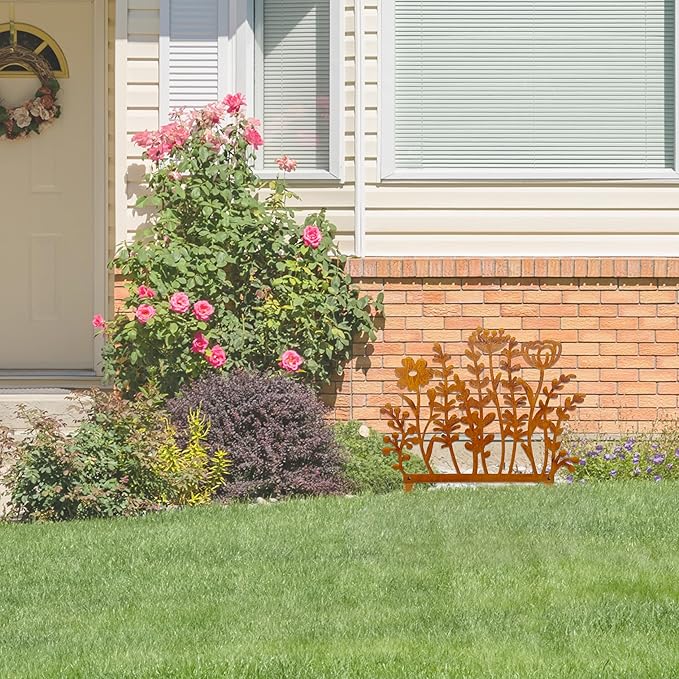 Metal Wild Flowers Stakes 14.4 * 14.0 inches, Metal Flowers Yard Art, Decorative Garden Stakes, Fence Topper Decor, Lawn Art Decor Plants Yard Decorations for Outdoor with Rusty Paint Process