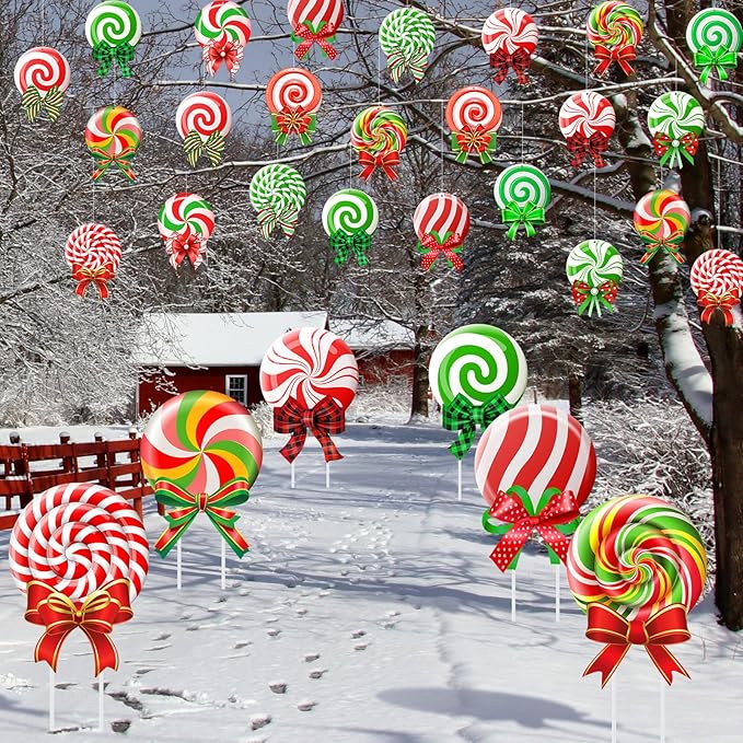 Huwena 30 Pcs Christmas Outdoor Hanging Decorations Snowflakes Candy Yard Signs Include 6 Plastic Yard Stakes 24 Double Sided Ornaments for Christmas Winter Holiday Garden Tree Decor(Candy Cane)