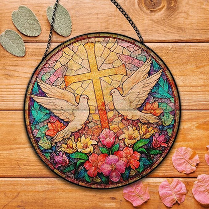 Christian Cross Wildflowers Suncatcher Stained Glass Window Hanging, Christian Flower Sun Catchers Indoor Window Glass Round Wall Decor, Religious Cross Wall Art Hanging Decorations, ＂7.8x7.8＂
