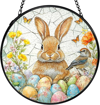 Easter Egg Bunny Bird Suncatchers Stained Glass Window Hanging, Easter Bunny Decor Sun Catchers Indoor Window Glass Round Wall Decor, Rabbit Wall Hanging Decorations, 7.9x7.9in