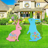 Metal Easter Bunny Yard Sign - 2 Pack Colorful Easter Bunny Lawn Stakes with 3D Flowers Spring Garden Decorations for Outdoor Easter Decor