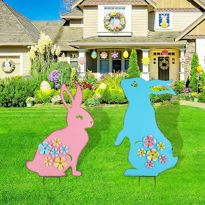 Metal Easter Bunny Yard Sign - 2 Pack Colorful Easter Bunny Lawn Stakes with 3D Flowers Spring Garden Decorations for Outdoor Easter Decor