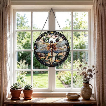 Stained Glass Sun Catcher,A Dragon-flyStained Glass Window Hanging Garden Decor,Sun Catchers Indoor Window,Whimsical Decoration for Home Backyard Patio Lawn Porch with 7.9 INCH