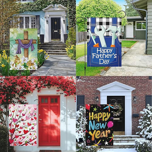 Louise Maelys All Season Holiday Garden Flag Set of 12 Seasonal 12x18 Inch Double Sided Welcome Small Burlap with Anti-Wind Clip and Stopper Spring Fall Winter Yard Decor Outdoor Outside House Sign