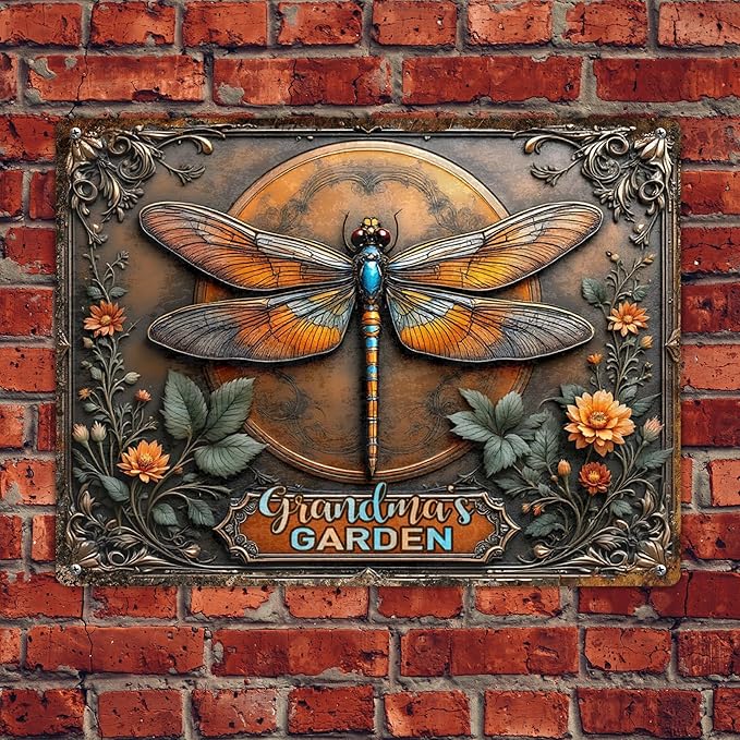 Custom Garden Signs Personalized Metal Tin Sign for Women, Retro Dragonfly Metal Sign for Outdoor, Patio, Yard Rustic Home Decor Gift for Mothers Day, Grandmas, and Gardening Lovers
