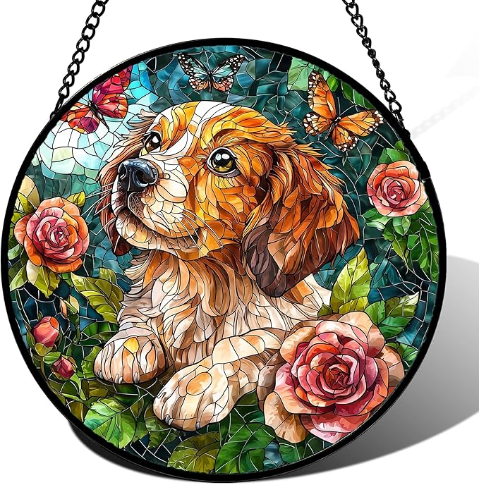 DASTOLL Stained Glass Window Hanging, Dog and Rose Suncatcher for Doors Home Butterfly Sun Catchers Decoration and Christmas, Mother's Day Birthday Gifts for Women, Men, and Mom 14.9x14.9 in