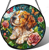 DASTOLL Stained Glass Window Hanging, Dog and Rose Suncatcher for Doors Home Butterfly Sun Catchers Decoration and Christmas, Mother's Day Birthday Gifts for Women, Men, and Mom 14.9x14.9 in