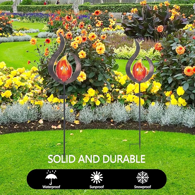 Asense Outdoor Metal Sculpture Art Decor Garden Solar Lights Pathway Stake, Solar Powered LED Lights for Lawn Patio Courtyard, Flame Shape