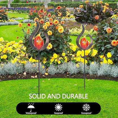 Asense Outdoor Metal Sculpture Art Decor Garden Solar Lights Pathway Stake, Solar Powered LED Lights for Lawn Patio Courtyard, Flame Shape