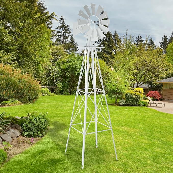 Metal Windmill for Garden Yard Decor, 8ft Tall Windmill Pinwheels Outdoor with Spinning Blades, Weather Vanes Lawn Ornaments, Weather-Resistant, White