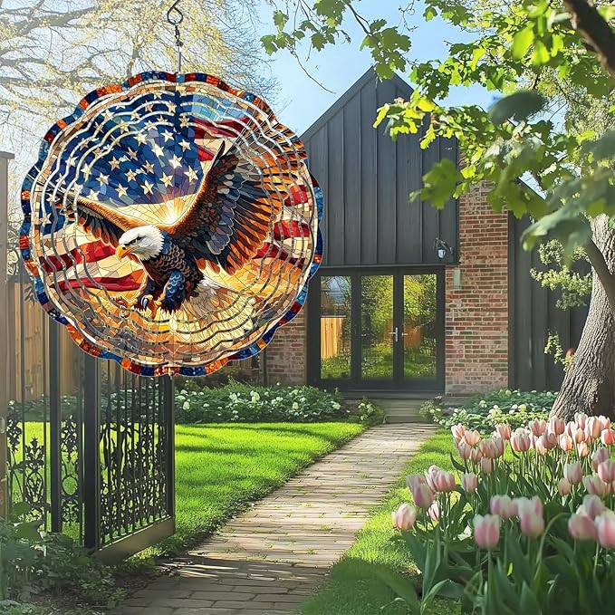 American Eagle Wind Spinner Outdoor, USA 250th Anniversary Wind Chime, 8 Inch 3D Metal Garden Wind Spinner, Stainless Steel Patriotic Yard Hanging Decor Gift