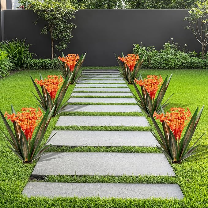 2Pcs Spring Metal Agave Plant Outdoor Decor Sculpture Flowers Mexican Yard Art Outdoor Garden Decoration Rustic Mums Metal Agave Garden Art for Patio Lawn Decorative Gifts