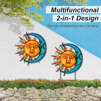 Glitzhome 36.25" H Metal Sun and Moon Garden Stake Decor, Rustic Sun and Moon Yard Art or Antique Wall Decor Outdoor Decorative Garden Decor