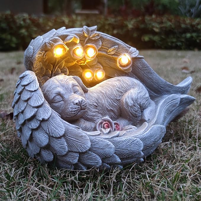 Solar Dog Garden Statue Decor for Outside, Dog Lover Gifts with Wings and 7 LED Lights for Outdoor, Garden and Patio Decor for Yard, Unique Birthday House Warming Gifts for Mom