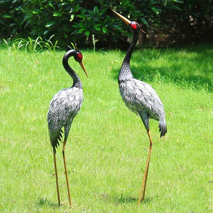 Metal Crane Statue Garden Decor, Heron Statue Yard Art for Outdoor Patio Lawn Backyard Pool Front Porch Decor, Bird Garden Sculpture & Statues, Set of 2, Spring & Summer Decorations