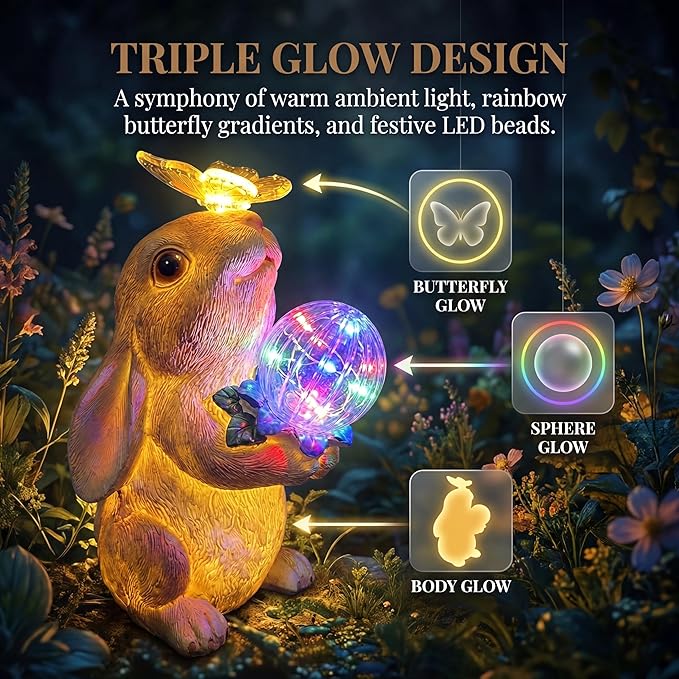 Solar Bunny Garden Statue Outdoor Decor, Glowing Rabbit Figurine with Warm Light Body, Color-Changing Butterfly and Multicolor LED Orb, for Mom Grandma Women Patio Lawn Yard