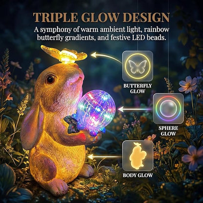 Solar Bunny Garden Statue Outdoor Decor, Glowing Rabbit Figurine with Warm Light Body, Color-Changing Butterfly and Multicolor LED Orb, for Mom Grandma Women Patio Lawn Yard