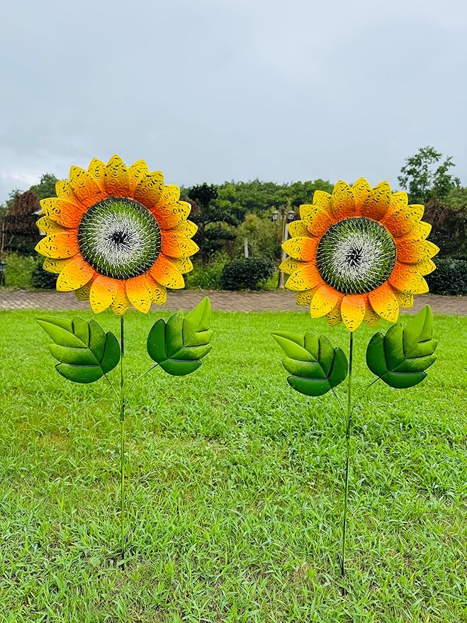 Garden Decor for Outside,2 Pack 40 inch Sunflower Garden Stakes Spring Decor, Metal Flower Yard Art for Outdoor Lawn Ornaments, Garden Pathways, and Patio Decoration