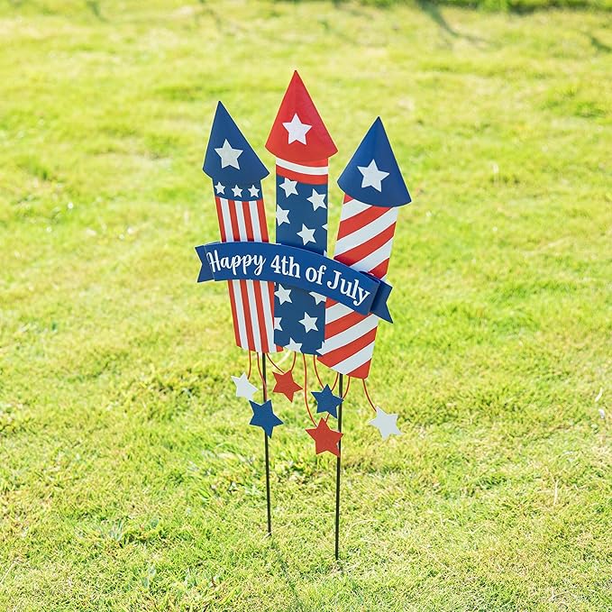 Glitzhome 30" H Patriotic Firecracker Yard Stake or Wall Décor,Happy 4th of July American Rocket Garden Sign for Independence Day Outdoor Lawn Patio Decor