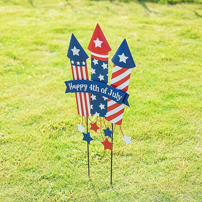 Glitzhome 30" H Patriotic Firecracker Yard Stake or Wall Décor,Happy 4th of July American Rocket Garden Sign for Independence Day Outdoor Lawn Patio Decor