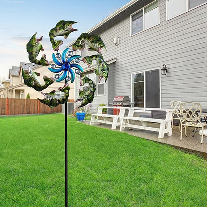 58" Metal Green Fish Wind Spinners Garden Stake -Ocean Theme Windmill Outdoor Decorations, Colorful Garden Wind Spinner Outside Decor, Wind Sculptures Lawn Decor for Yard Patio, Backyard