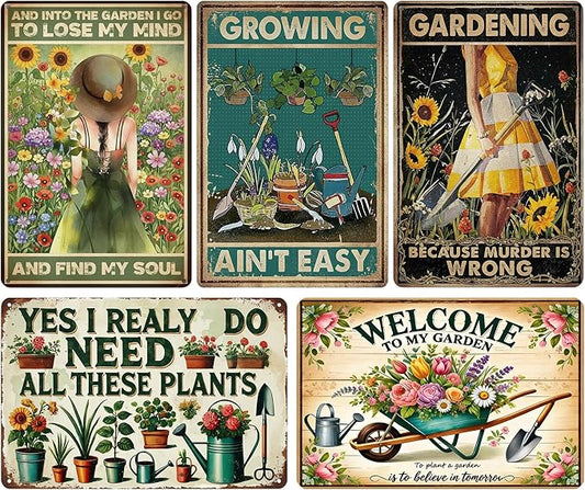 Funny Metal Garden Sign, 8" x 12" Vintage Gardening Decor - 5Pcs Women's Garden Gifts, Weather-Resistant Metal Wall Art for Yard, Backyard, Patio & Porch