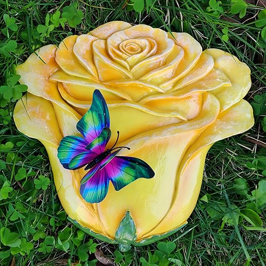 Garden Stepping Stones Outdoor Walkway – Resin Rose Flower Pavers for Path, Lawn & Backyard – Round Decorative Yard Art Decor, Friendship giveaways – Set of 2, Yellow