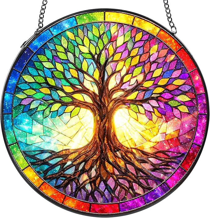 Tree Stained Glass Suncatcher, 8" Round Tree Window Hanging with Metal Chain, Colorful Decorative Glass Art for Home Garden, Gift for Mom and Grandma