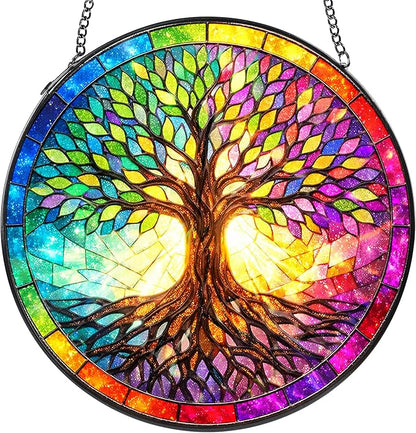 Tree Stained Glass Suncatcher, 8" Round Tree Window Hanging with Metal Chain, Colorful Decorative Glass Art for Home Garden, Gift for Mom and Grandma