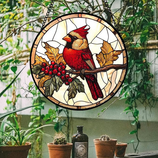 DASTOLL Stained Glass Window Hanging, Birds on a Branch Cardinal Sun Catchers Diamond Glass Panel Hangings Suncatcher Decor for Birthday for Women, Men, Wife, Aunt, and Mom 14.9x14.9 in