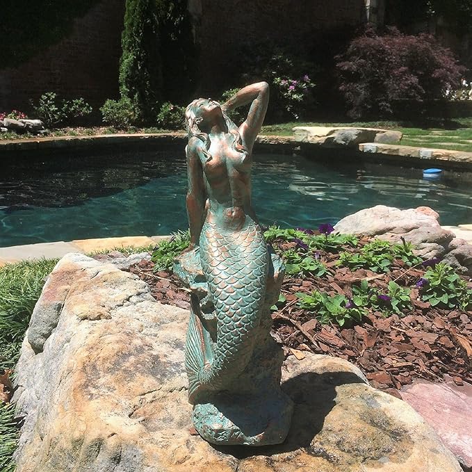 homestyles 16 in. Large Sexy Mermaid Sitting on Coastal Rock Beach Nautical Garden Statue in Bronze Patina Pool Patio Lawn Statue