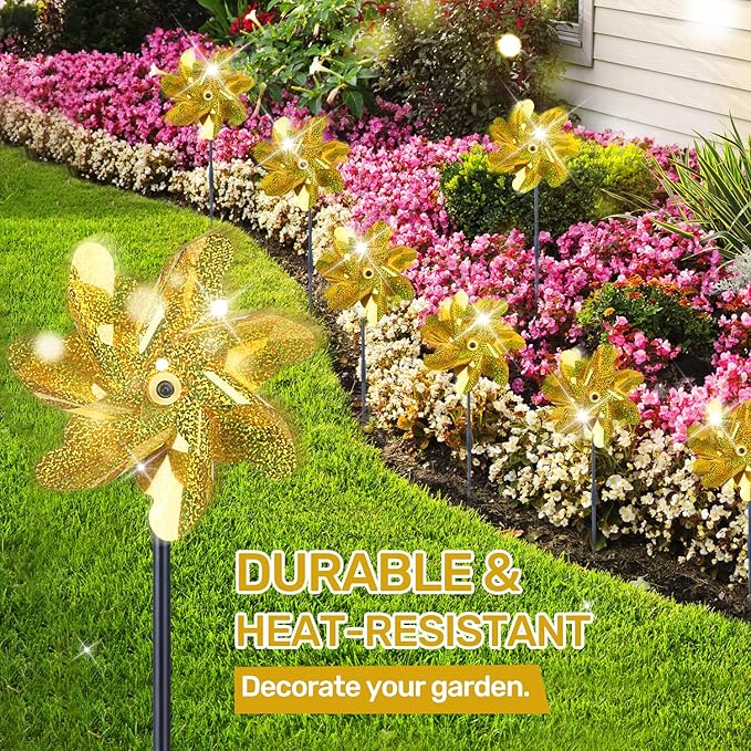 BATTIFE Reflective Pinwheels for Yard and Garden, Pre-Installed Sparkly Blind Birds Pin Wheel, Scare Birds & Animal Away Wind Spinner, 10 Pack (Gold)