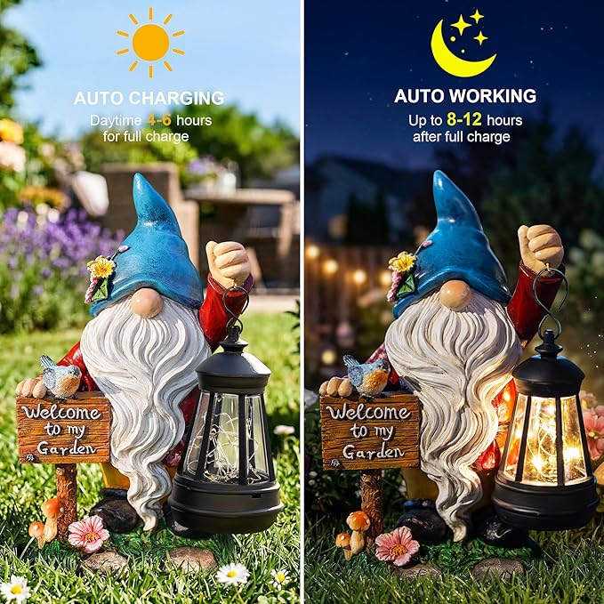 ZQQLITE Garden Gnome Statues Figurine Lights - Solar Powered Lighting Outdoor Decorations with Lantern & Welcome Sign, Yard Art Lawn Ornaments for Porch Patio Balcony - Gnome Gifts for Women Mom