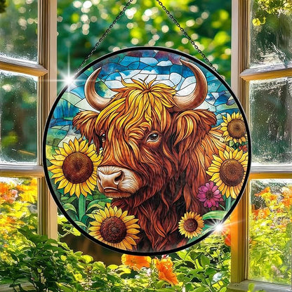 Highland Cow Stained Glass Window Hanging, 7.9" Cows Sun Catcher Glass Panel with Chain,Cows Gifts Hand Painted Round Wall Art Gifts for Women, Highland Cow Decor Stained Glass Housewarming Gift
