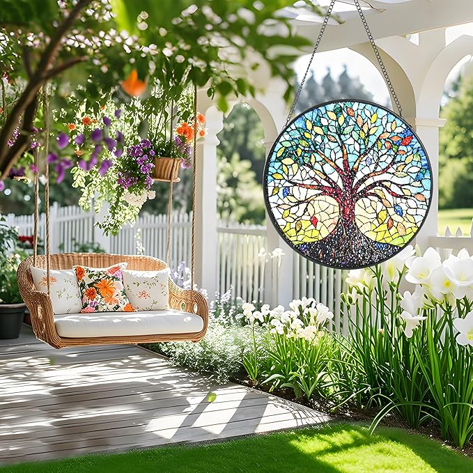 Stained Glass Window Hanging, Colorful Tree of Life Sun Catchers for Window Door Garden Kitchen Home Decor Suncatcher Decoration for Birthday Gift for Women, Men, Mom, Dad, Wife, Aunt and Nana 6.3 in