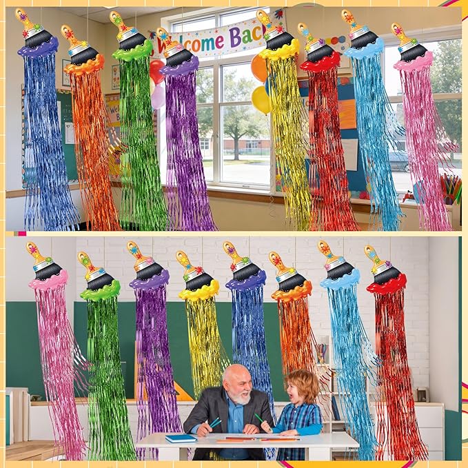 Affrolling 8 Pcs Back to School Paint Brush Party Decoration Paint Brush Hanging Decorations with Tassels for Classroom Back to School Art Birthday Party Supplies 3.4 ft Summer Door Banner Sign Decor