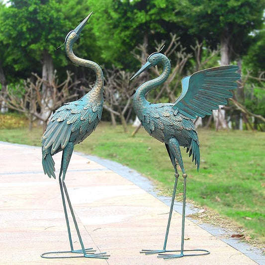 33-37 Inch Metal Crane Garden Statue Décor, Bird Garden Sculpture & Statues, Outdoor Decoration for Yard Patio Lawn Backyard Pool, Spring Decorations for Home, Set of 2