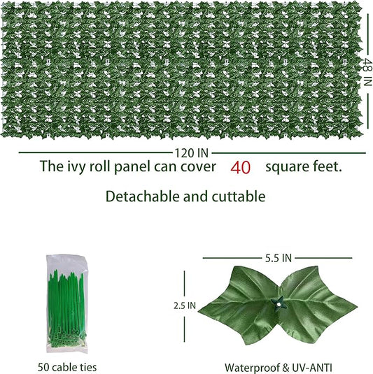 ODTORY Artificial Ivy Privacy Fence Wall Screen, 48x120 in UV-Anti Faux Greenery Backdrop Ivy Vine Leaf Hedges Fence Panels for Patio, Balcony, Garden, Backyard Indoor Outdoor Green Wall Decor