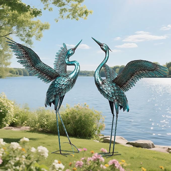 chisheen Garden Statue Outdoor Metal Heron Crane Yard Art Sculpture for Lawn Patio Backyard Decoration,46 inch (2-Pack) (Blue&Black)